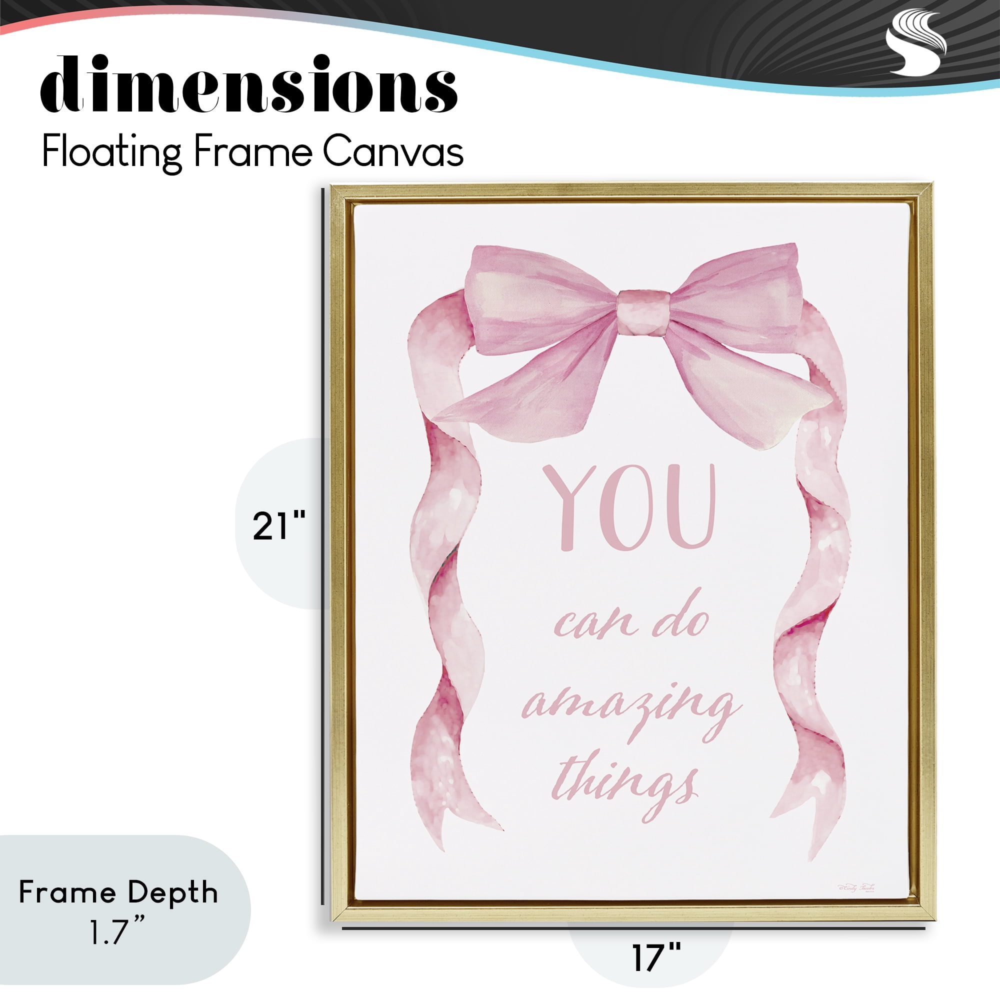 Stupell Industries Feminine Encouragement Ribbon Gold Framed Floater Canvas Wall Art, design by Cindy Jacobs