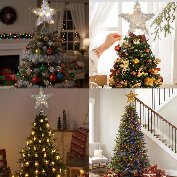 Estrella Luminosa de Hierro para La Punta Del Árbol de Navidad | Plateada | 30 X 25 X 6 Cm | Fácil Instalación | para Árboles Naturales y Artificiales | 1 Tira de Luces