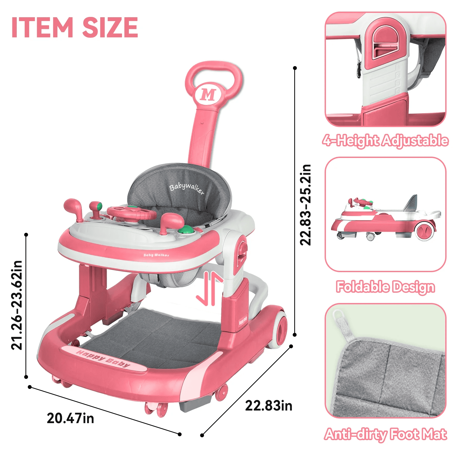 PUEDO 5-in-1 Foldable Baby Walker with Foot Pads/Handles for Boys and Girls 6-36 Months, Pink