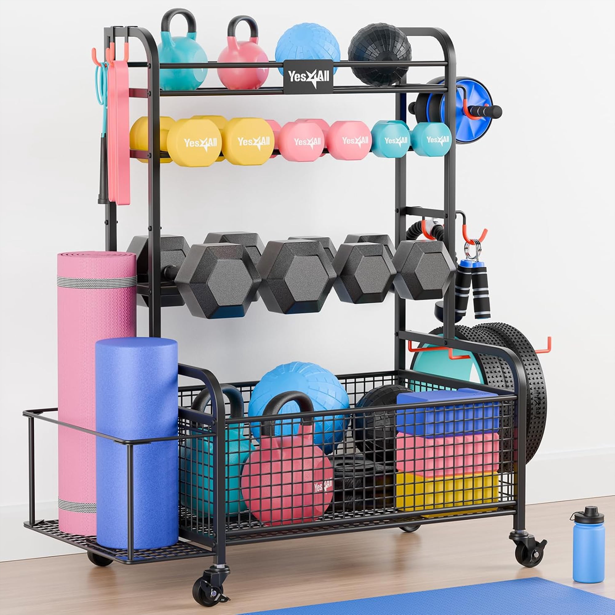 Yes4All Dumbbell Rack, Weight Rack for Home Gym, Sports Equipment Organizer for Dumbbells Kettlebells Yoga Mat Foam Roller and Balls, All in One Gym Workout Storage with Wheels and Hooks, Black