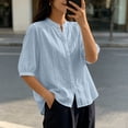 thumbnail image 5 of Uootdi Linen Tops for Women Mandarin Collar Half Sleeve Floral Embroidered Stripe Womens Tops Relaxed Fit Lightweight Womens Shirts for Women, 5 of 6