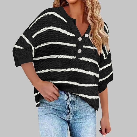 ZHYou Women's Sweaters Women's Elbow Sleeves Striped Button Crew Neck Knitted Sweaters