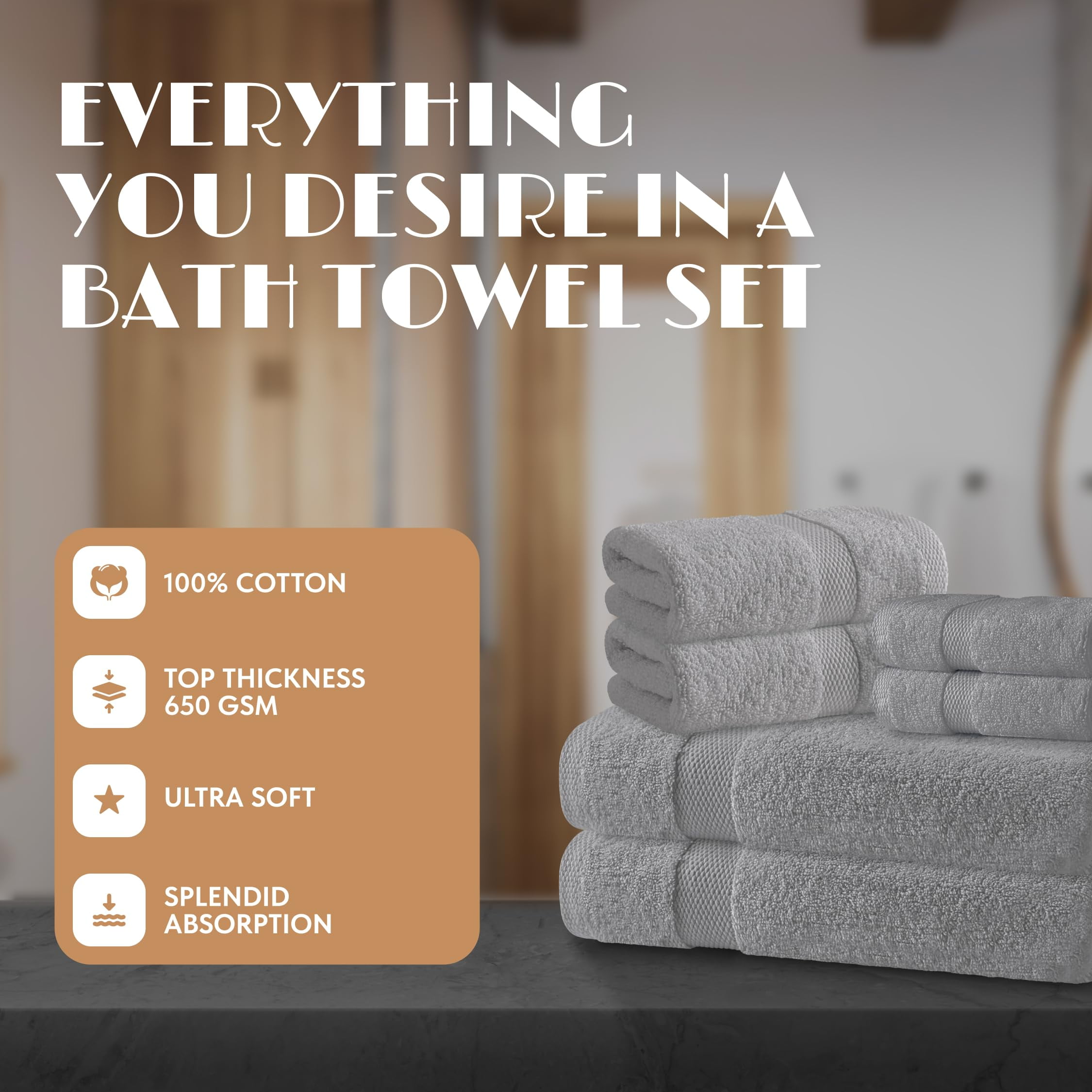 White Classic Light Gray Bath Towel Set of 6 - 100% Cotton Highly Absorbent Towels for Bathroom, 2 Luxury Bath Towels 650GSM, 2 Hand Towels, 2 Washcloths