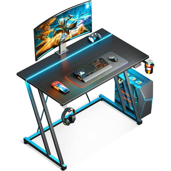 MY 32 Inch Small Gaming Desk with LED Light, Computer Desk for Small Space, Gaming Table with Carbon Fiber Texture, Kids PC Desk Gift for Boys Men, Black