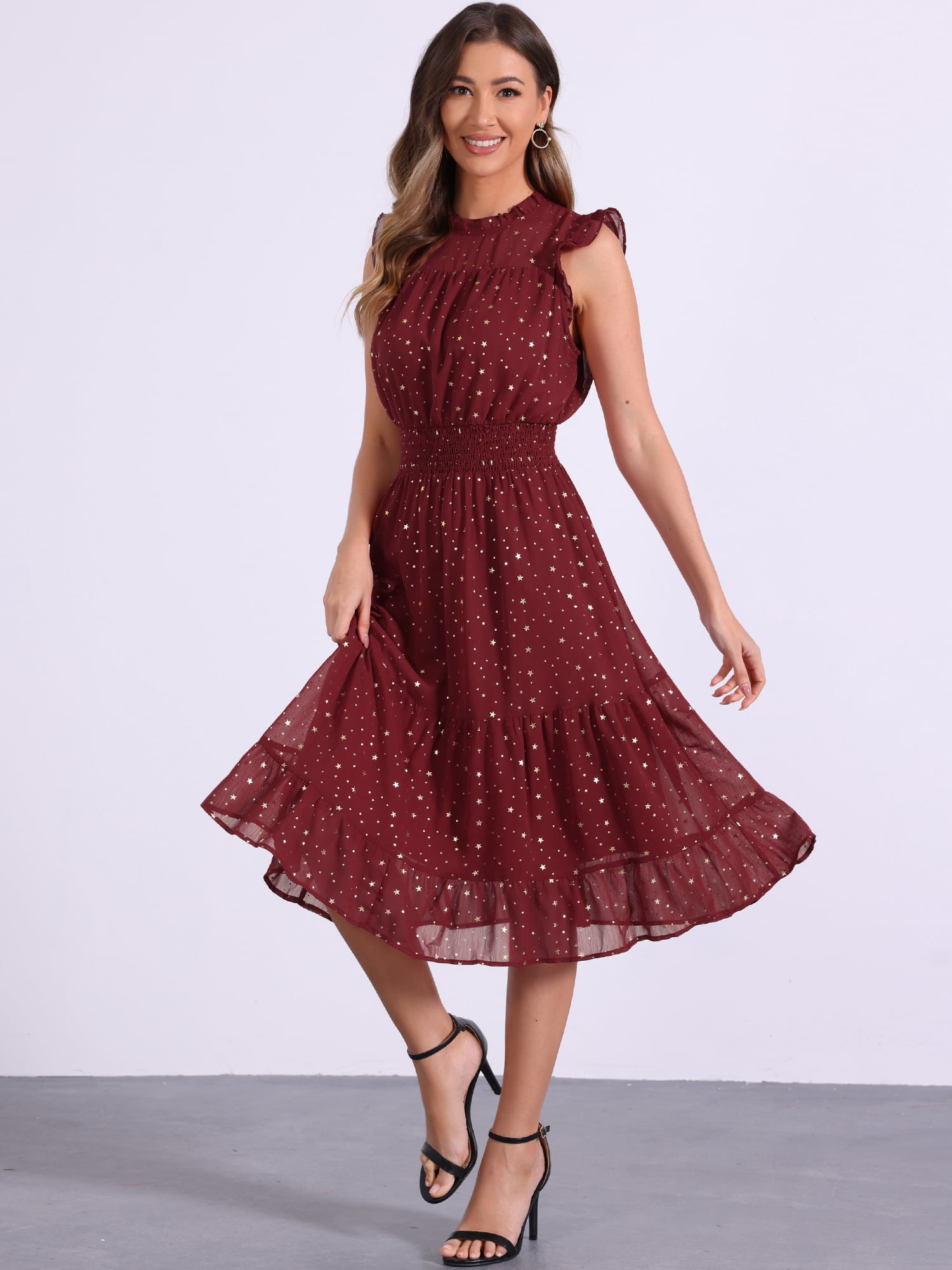 DARING DIVA Smocked Waist Gilding Metallic Stars Chiffon Dress XS Dark Red