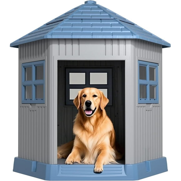 Niche pour Chien en Résine Durable et Résistante aux Intempéries – Abri Intérieur/extérieur avec Évents, Plancher Surélevé et Protection UV – Convient aux Petits à Grands Chiens, Bleu, 34.8x30.51x36.89 Po