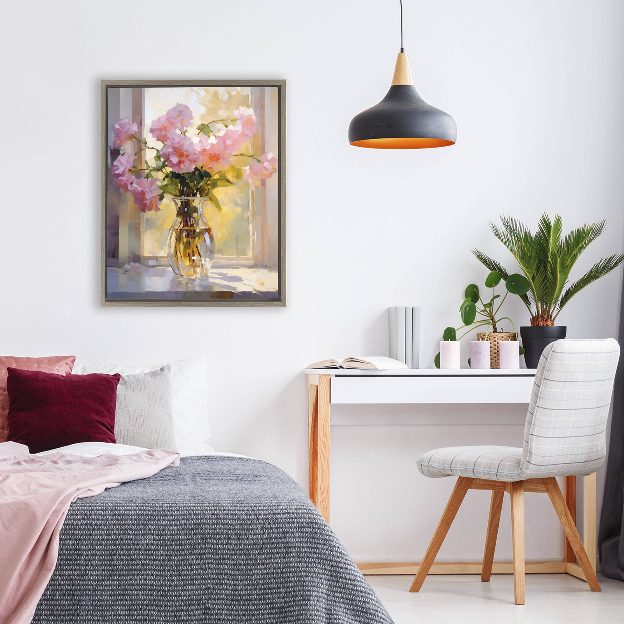 Stupell Industries Pink Flowers in Sunlit Vase Brown Framed Floater Canvas Wall Art, design by Creative Studio