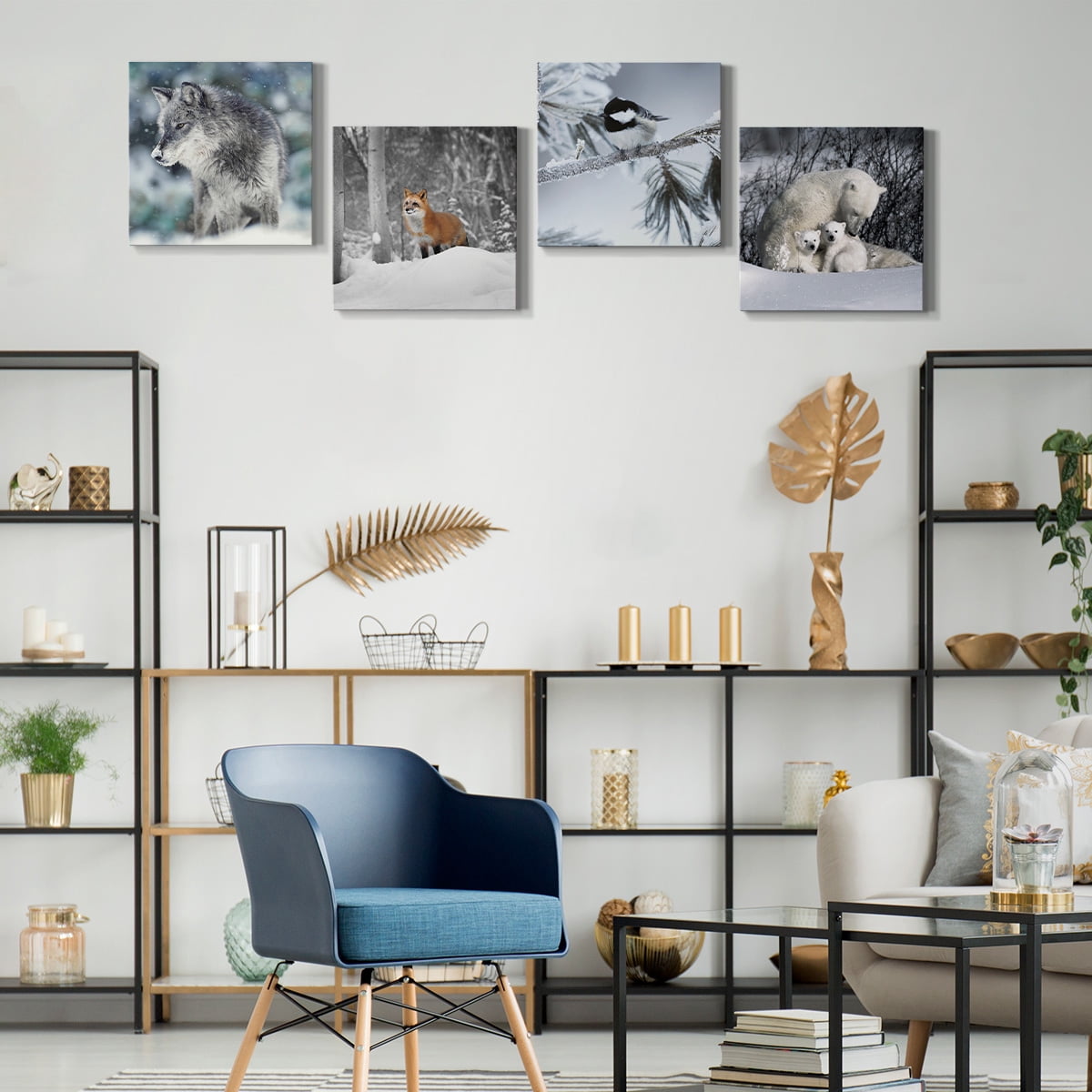 Wexford Home Wildlife Animal Wall Art 24 x 24 inches Each, Fox Wolf Polar Bear Chickadee Picture Prints Set of 4 Decoration for Cabin Motel Home Wall Decor