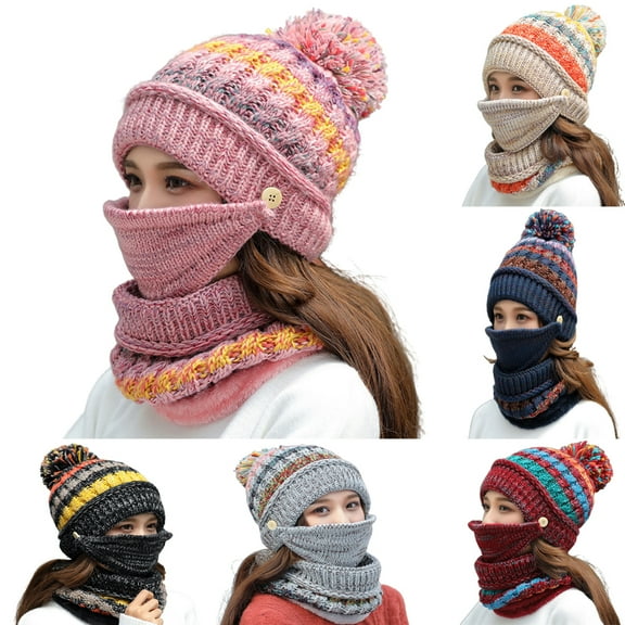 Cheers.US 3Pcs/Set Warm Thick Knitted Beanie Hat Scarf and Mask Set Slouchy Snow Knit Cap Infinity Scarves for Women