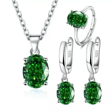MATROOY Womens 925 Silver Green Oval Zircon Necklace Earrings Ring Jewelry Sets