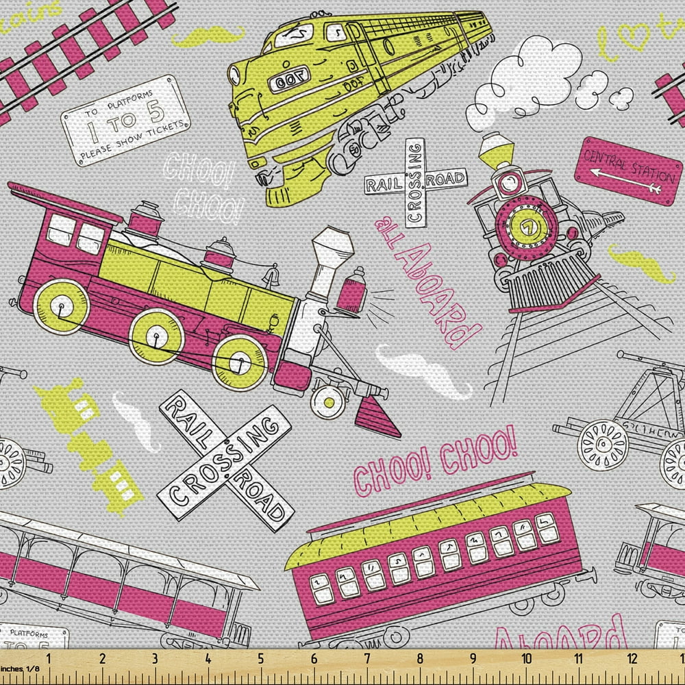 Train Fabric by the Yard, Railway Station Composition Art in Energetic