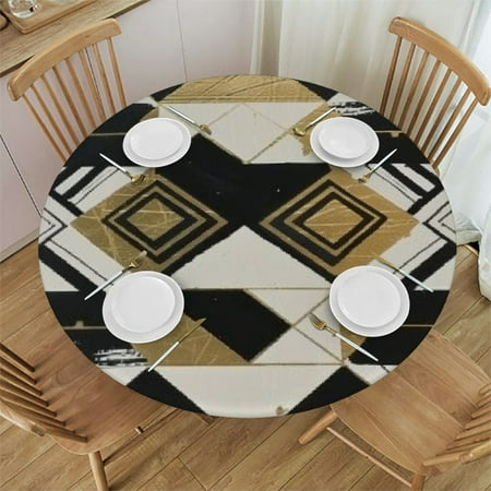 

Ullo0ord (Fashion Modern Black White Gold Triangles) Round Table Cloth with Elastic Edge Waterproof Reusable Table Cover Fits Round Tables for Outdoor Picnic Party 31 -35