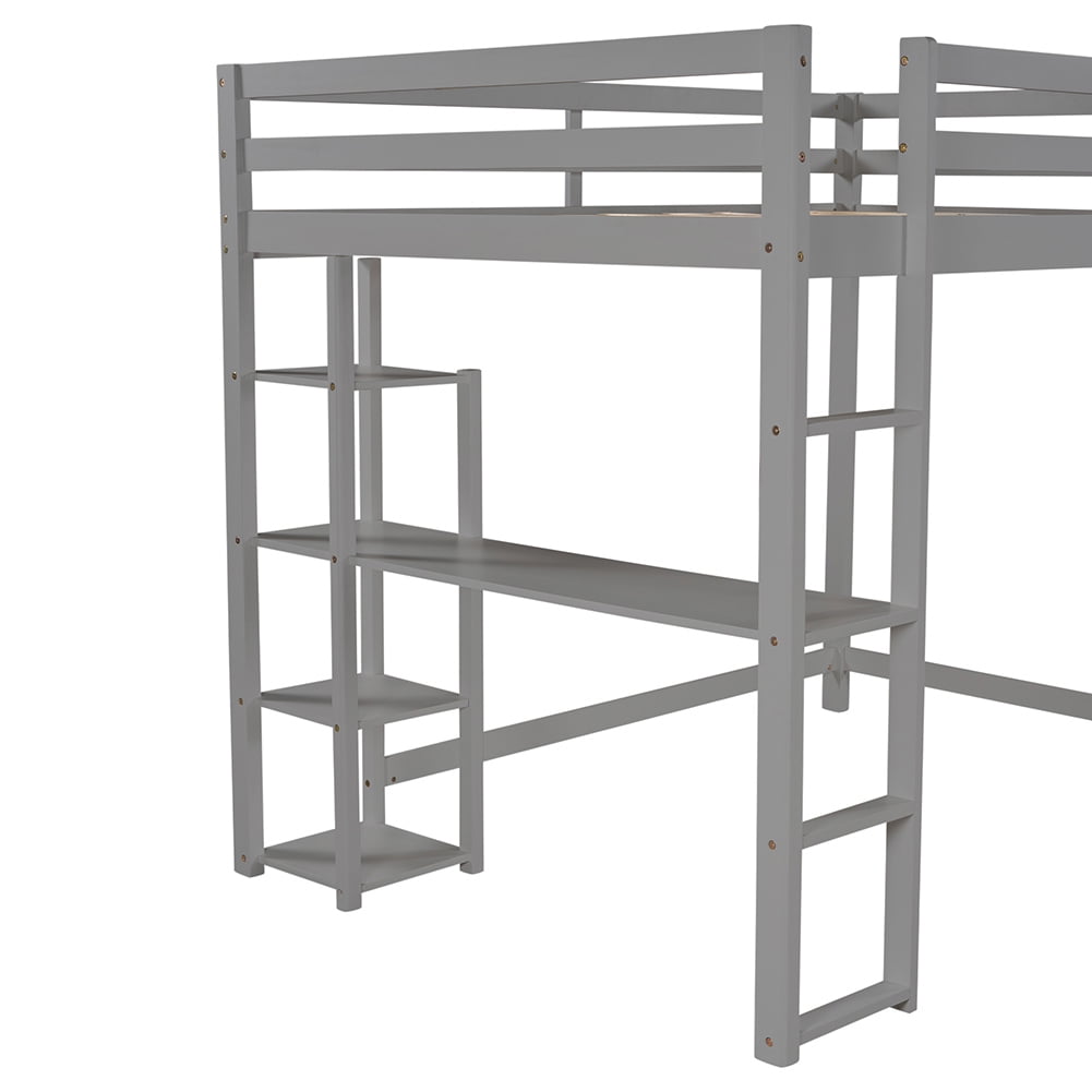Kadyn Full Size Loft Bed with Built-in Desk and Shelves, No Box Spring Needed, Gray Kadyn Full Size Loft Bed with Built-in Desk and Shelves, No Box Spring Needed, Gray