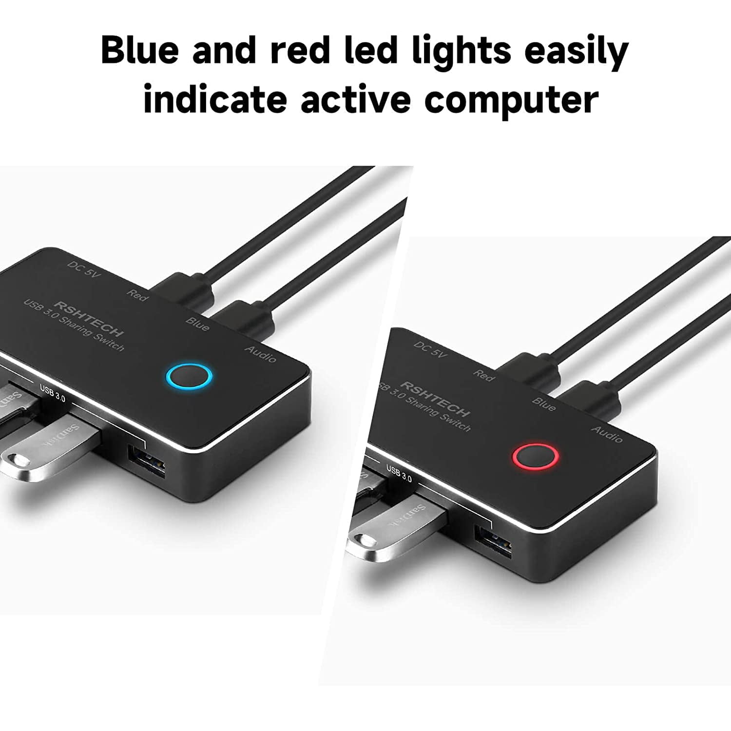 USB 3.0 Switch, RSHTECH 2 in 5 Out Aluminum Hub Selector for 2 Computers Sharing 4 USB Devices and 3.5mm Audio Output,RSH-A201