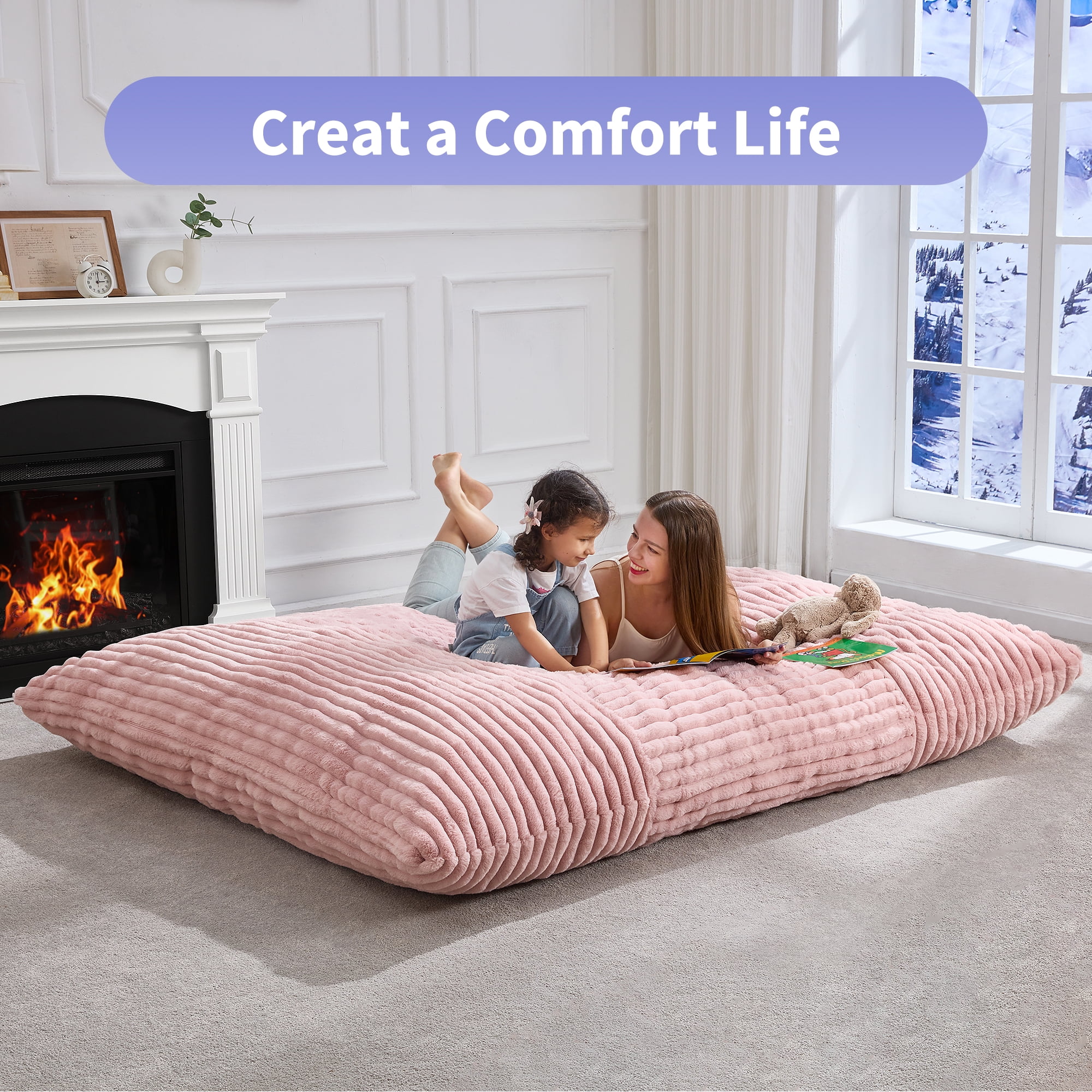 Hobestluk 3 in 1 Convertible Giant Bean Bag Chair, Machine Washable Cover Bean Bag Cushion for Adults, Pink