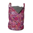 thumbnail image 1 of Floral Laundry Bag, Motley Colorful Retro Arrangement of Hand Drawn Flowers in Vivid Tones, Basket with Handles Drawstring Closure for Laundromats, 13" x 19", Magenta Plum and Apricot, by Ambesonne, 1 of 4
