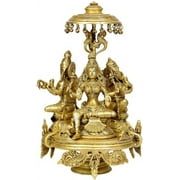 The Great Trinity of Ganesha, Lakshmi and Saraswati Seated on Moving Chowki with Parasol - Brass Sta