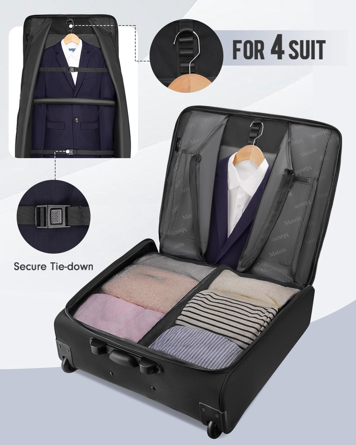 Matein Rolling Garment Bag, Softside Suit Bag with 2 Packing Cubes and Spinner Wheels for Men Women, Black