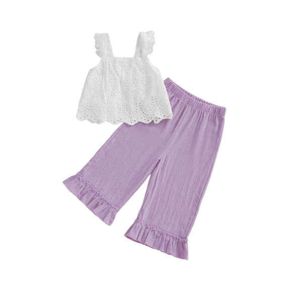 Miaouyo Little Baby Girls Spring Summer Outfit 2T 3T 4T 5T 6T 7T Loose Fit Lace Stylish Ruffled Trim Sleeveless Tops and Straight Leg Pants Clothes Set