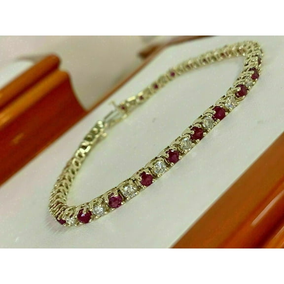 Gaspara Tennis Bracelet for Women 14K Yellow Gold Plated Round Ruby 925 Sterling Silver