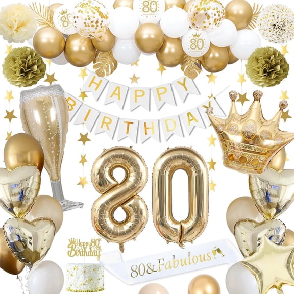 Gold 80th Birthday Decorations for Men Women, Gold White Balloons, HAPPY BIRTHDAY Banner, Number 80 Balloons, Crown, Cake Topper