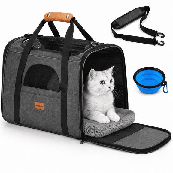 Morpilot Cat Carrier with Water Bowl, Dual-Sided Cushion & Safety Buckle,Travel Pet Carrier for Medium or Large Cats and Small Dogs up to 20 lbs, Dark Gray