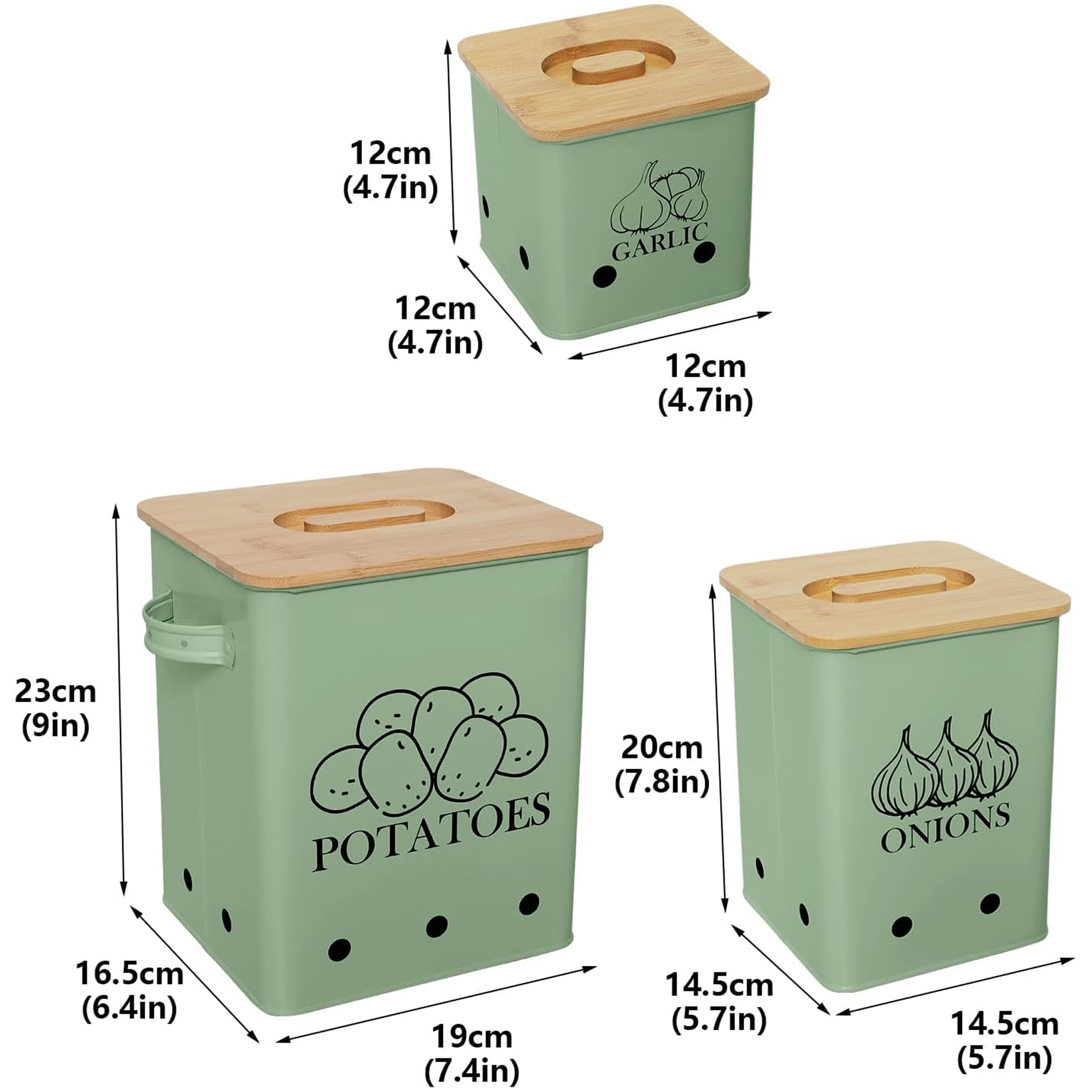 Pethiy Kitchen Canisters Set, Storage Bin for Potato Onion & Garlic, 3 Pack Set Countertop Pots Containers with Wooden Lid - Potato Storage, Garlic Bin, Onion Keeper Tin with Aerating Holes-Green