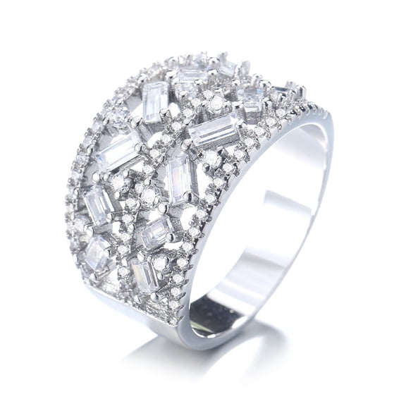 14K White Gold Plated Geometric Floral Ring With Simulated Diamonds