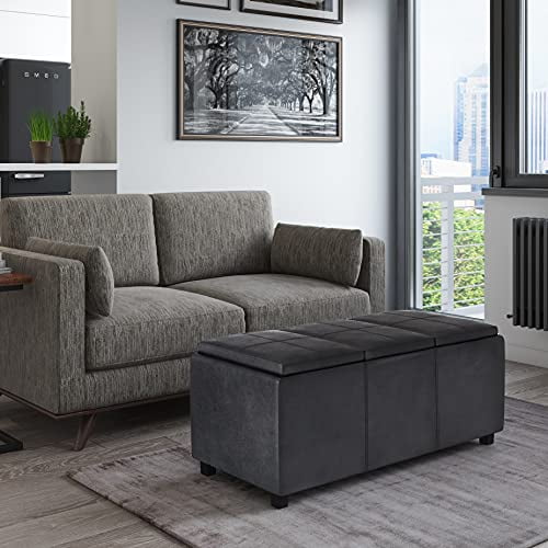 Simpli Home Avalon Rectangle Storage Ottoman with 3 Flip Over Serving Trays, Distressed Black Faux Leather