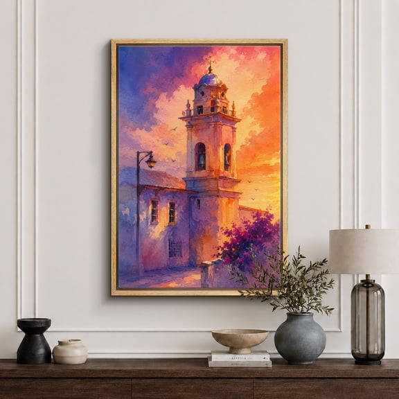Framed Canvas Print Sunset Church Tower Wall Art European Decorative for Living Room Bedroom - 16"x24" NATURAL Frame