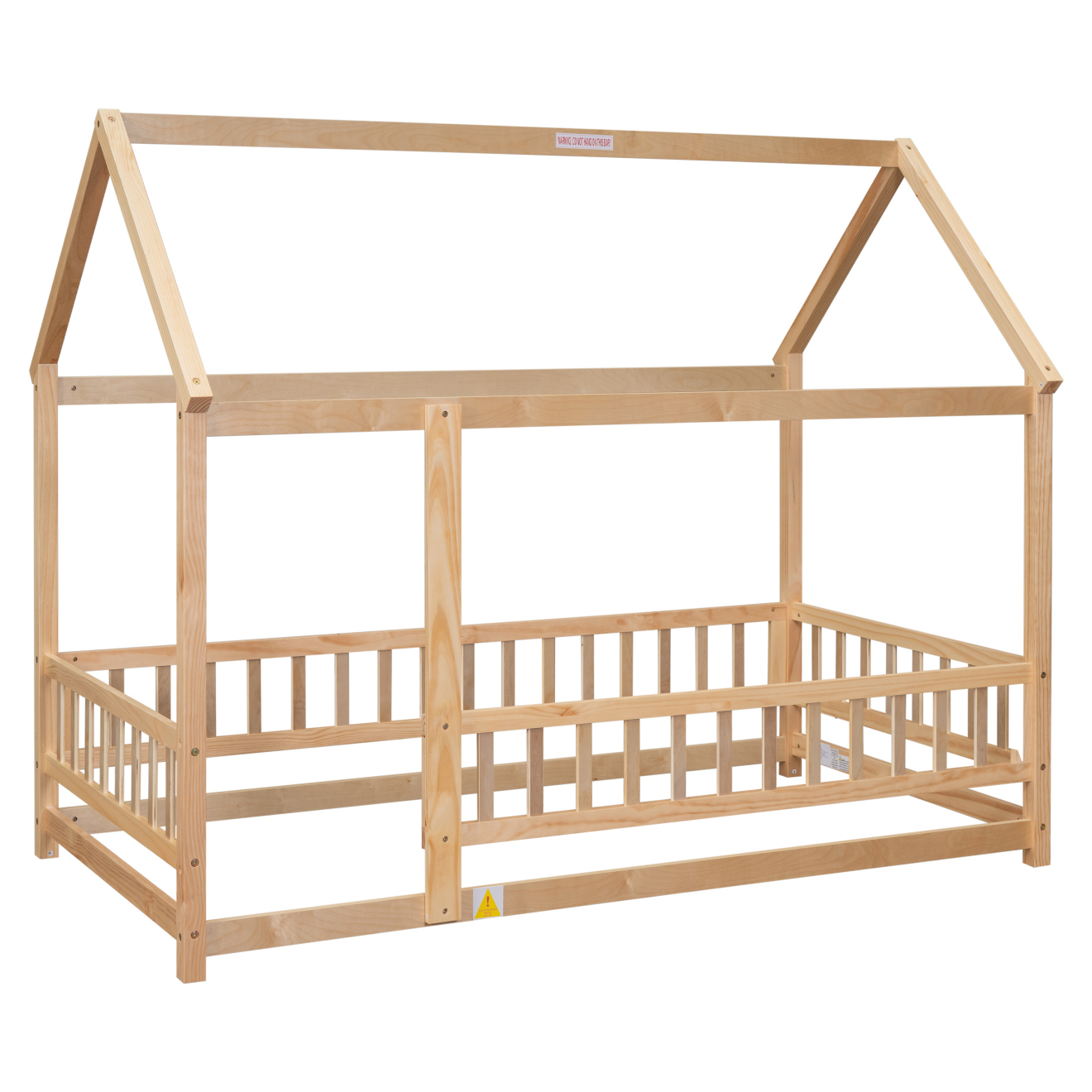 Twin Size Wooden Bed with House Roof Frame, House Bed Frame with Fence Guardrails for Girls Boys Teens, Natural