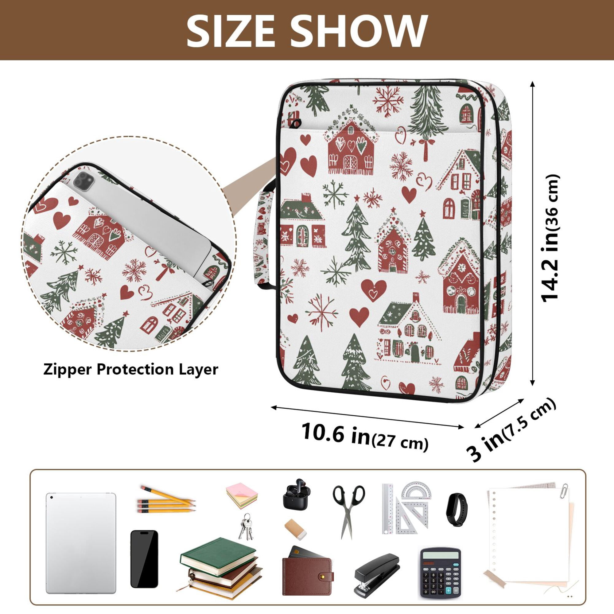 FORMRS Accordion File Folder A4 Size 7-Pocket Expanding Document Organizer Bag with 3 Ring Binder, Red Nordic Christmas