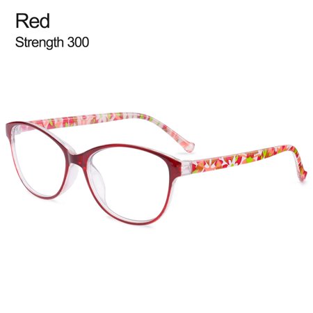 Women Vintage Flowers Portable Reading Glasses Anti-Blue Light Eyeglasses Eye Protection Ultra Light Frame RED STRENGTH 300