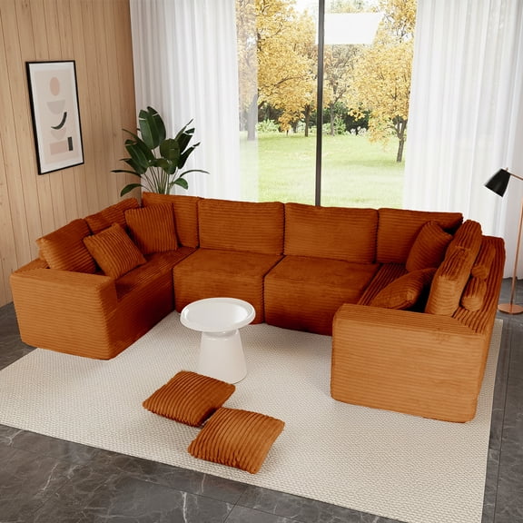 135.5" Modular Sectional Sofa, Orange U-Shaped Sofa 6-Seater Boneless Cloud Couch with Reversible Chaise, Corduroy Fabric Couch for Living Room & Bedroom
