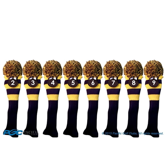 Majek #2, 3, 4, 5, 6, 7, 8, 9 Hybrid Combo Pack Rescue Utility Blue & Yellow Golf Headcover Knit Pom Pom Retro Classic Vintage Head Cover