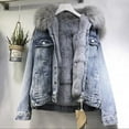 thumbnail image 2 of Winter Women's Denim Jacket with Faux Fur Hood, Sherpa Lined Oversized Puffer Coat, Thick Warm Quilted Lining, Heavy Duty Cold Weather Parka, 2 of 5