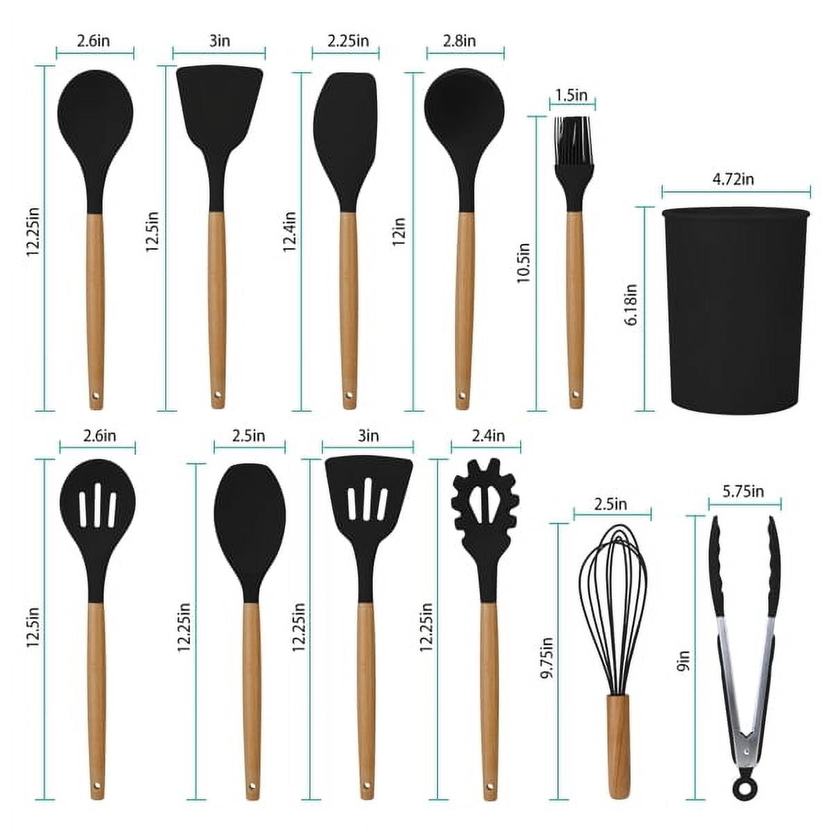 11Pcs Silicone Cooking Utensil Set Heat Resist Wooden Handle Silicone Spatula Ladle Spaghetti Server Tongs Spoon Egg whisk Kitchenware Set w/ Holder Black