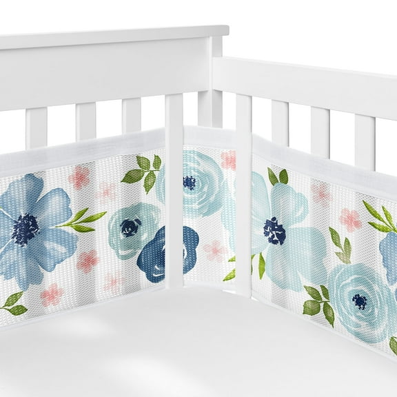 Sweet Jojo Designs   BreathableBaby Watercolor Floral Blue Pink White Breathable Mesh Crib Liner Pad