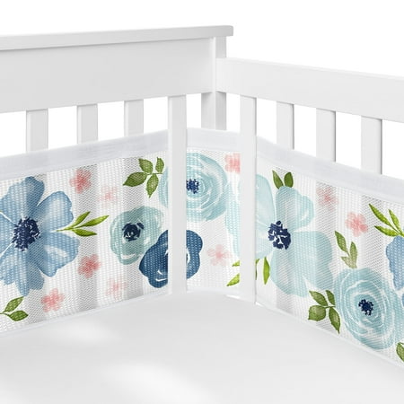 Sweet Jojo Designs + BreathableBaby Watercolor Floral Blue Pink White Breathable Mesh Crib Liner Pad
