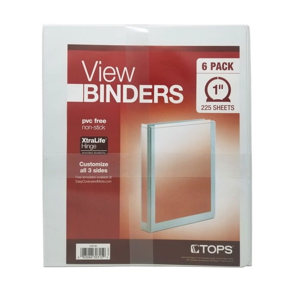 TOPS Non-Stick View Binder, 1", Round Ring, White, 6 ct