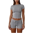thumbnail image 2 of Chbgutlmr 2 Piece Sets for Women Casual Summer Fitted Outfits Short Sleeve Crew Neck Crop Tops Drawstring Shorts Comfy Basic Plain Set, 2 of 6