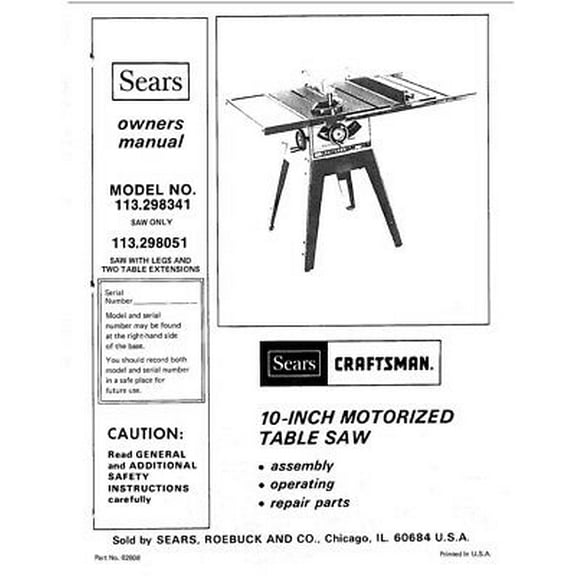 Craftsman 113.298051 113.298341 Table Saw Owners Instruction Manual REPRINT