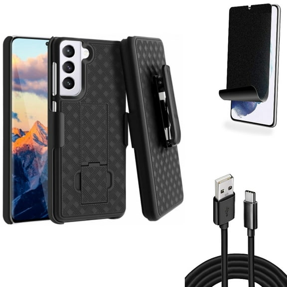 For Samsung Galaxy S21 (6.2") - [Fingerprint Works] TPU Film Privacy Screen Protector   Swivel Holster Case Belt Clip   Charger Cord Type-C 10ft USB Cable