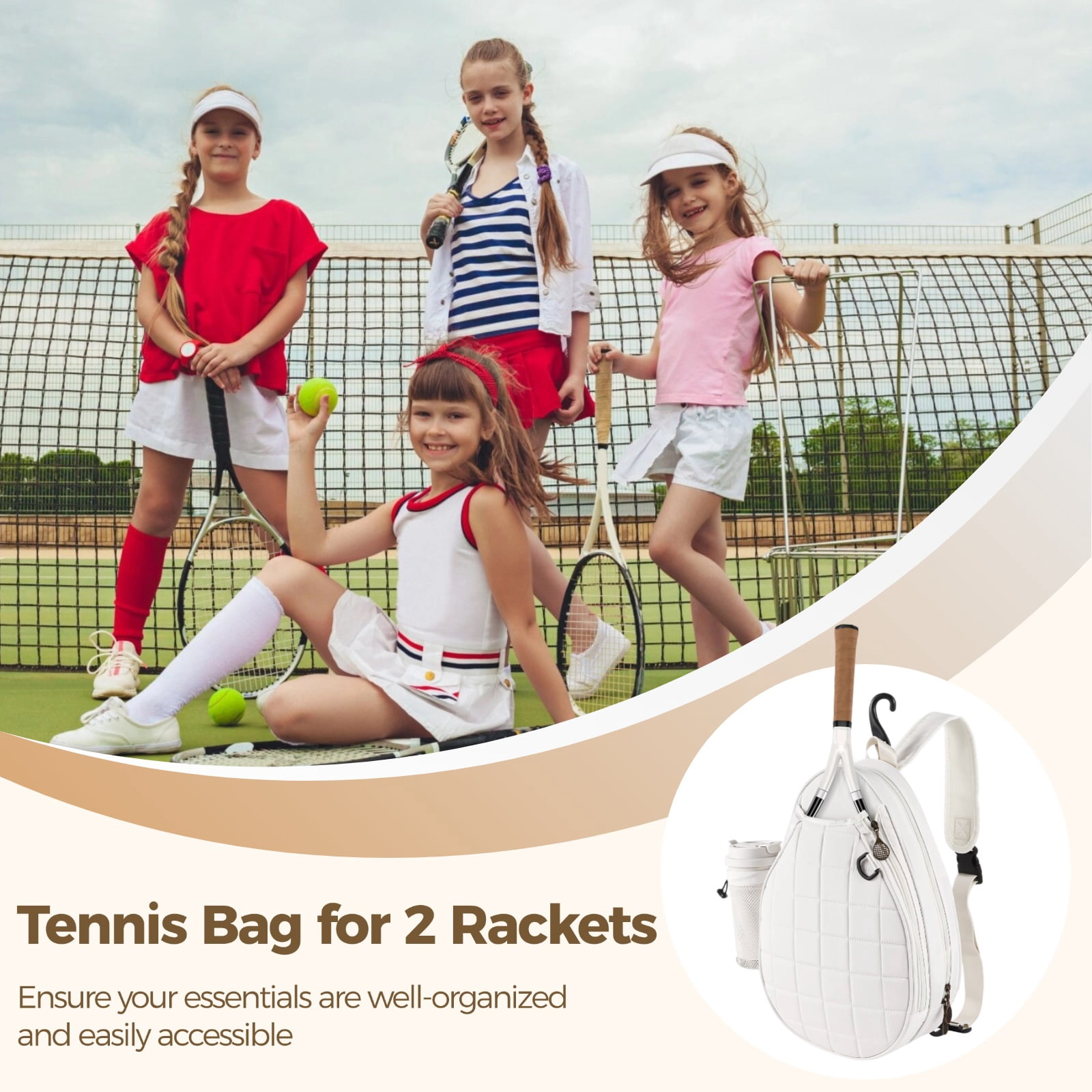 Multi-pocket Tennis Bag, Tennis Backpack for 2 Rackets, Quilted Crossbody Sling Bag, Waterproof Tennis Sling Backpack for Women and Men, Sports Pickleball Bag