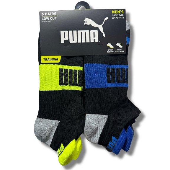 PUMA SOCKS MEN'S - LOW CUT - EDGE 243 - BLUE YELLOW - LARGE (10-13) PACK 6 XX