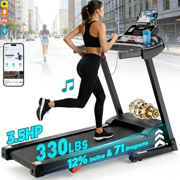 3.5HP Folding Treadmill, 300-400lb Capacity, 12% Incline Treadmills for Home Running and Walking Max 7.5MPH Speed, Foldable Treadmill Running Machine with APP & Bluetooth