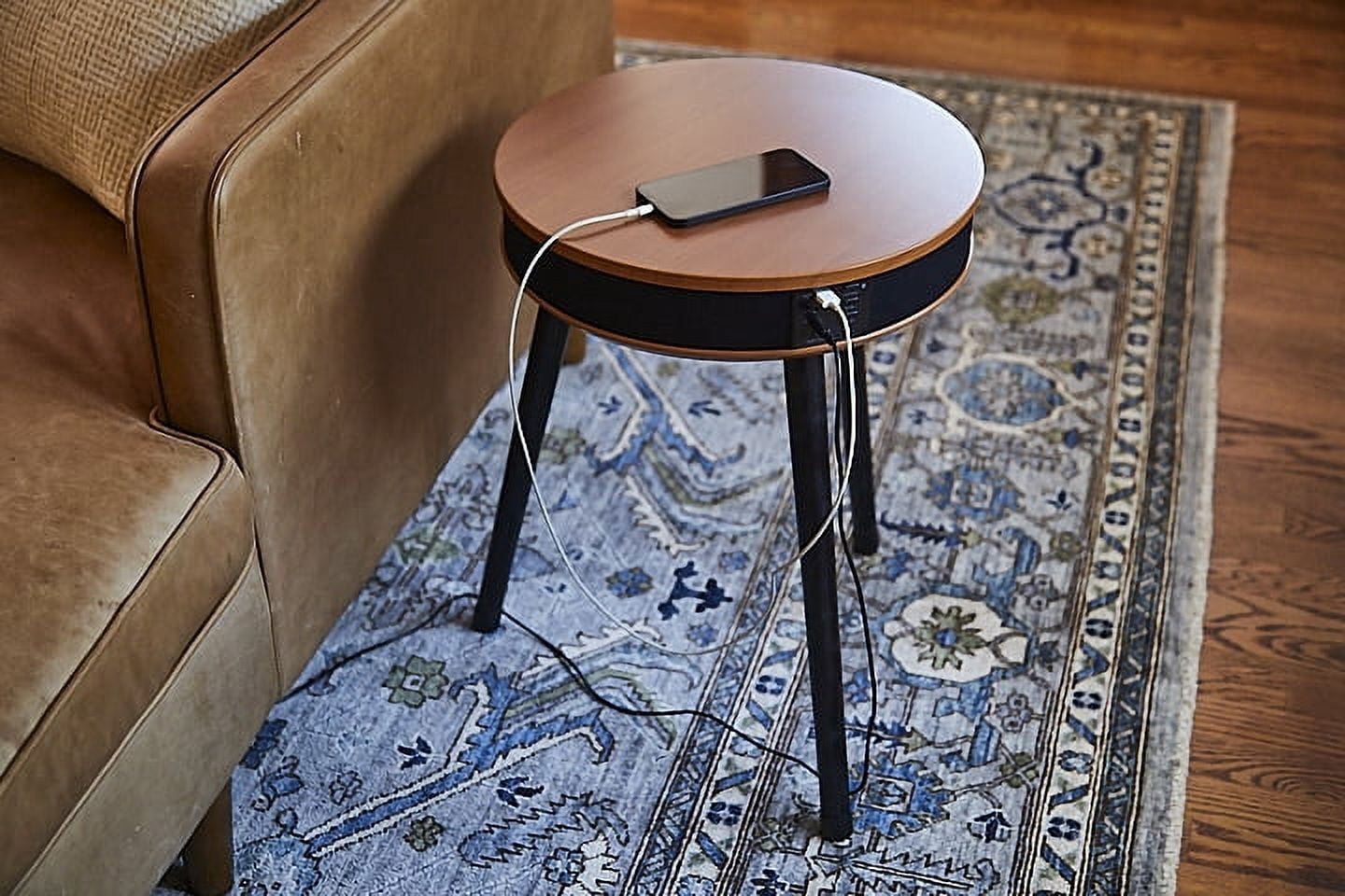 DecorTech Round End Table with Bluetooth Speaker and USB Charging Port, Walnut