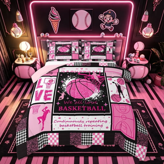 Feelyou Pink Patchwork Basketball Full Size Comforter Sets for Girls, Sport Lover Bedding Comforter Set, Pink Reversible, 3pcs, 1 Comforter and 2 Pillowcases