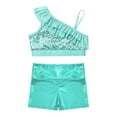 thumbnail image 5 of Doomiva Kids Girls Sequin Ruffle Crop Top with Shorts Set Sport Workout Gymnastics Dance Outfit Tracksuit Light Green 14, 5 of 7