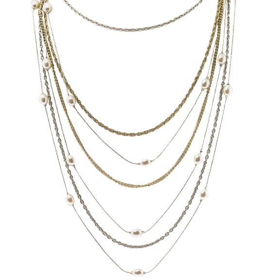 Multi-Layer Mixed Metal Pearl Necklace - Elegant Layered Chain Statement Jewelry Necklace Gold Silver Metal